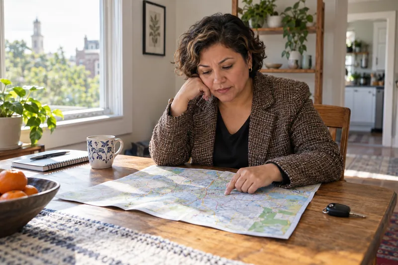 A visitor planning a trip using a town map at a kitchen table, with a car key nearby