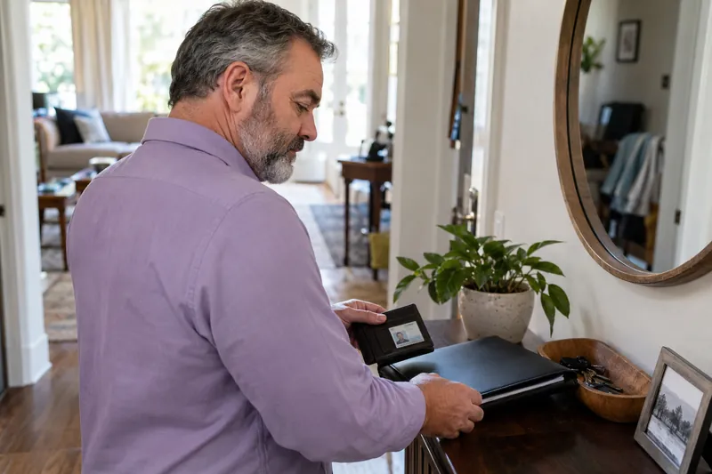 A visitor preparing an ID wallet and closed paperwork folder at a hallway console before going out