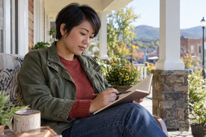 A visitor checking a local opening-hours note in a notebook on a sunny front porch