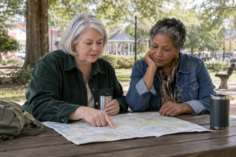A visitor reviewing a map with a friend at a picnic table in a small public park