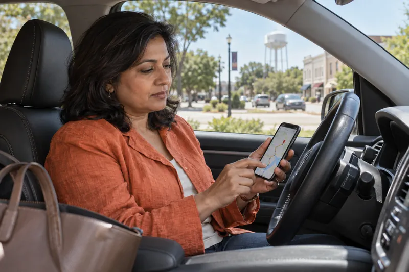 A visitor sitting in a parked car checking a phone route before setting off, car stationary