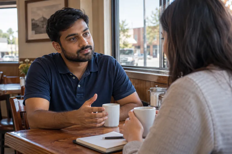 A visitor discussing a local errand over coffee in a modest neighborhood diner
