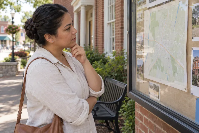 A visitor looking at a simple town map beside a library noticeboard with no readable text