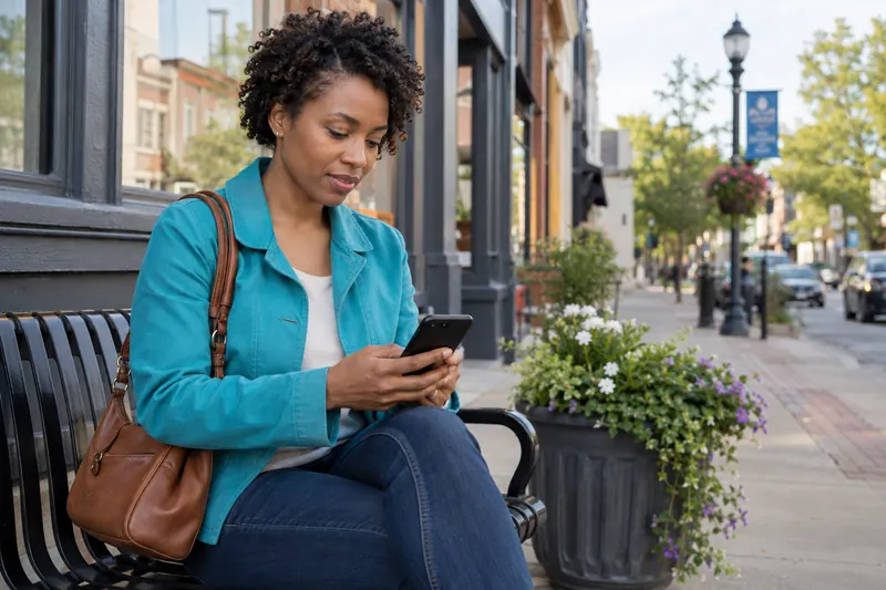 A visitor checking directions on a phone beside a small-town sidewalk bench, preparing for an appointment