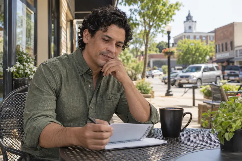 A visitor reviewing an appointment note at an outdoor cafe table before a local office visit