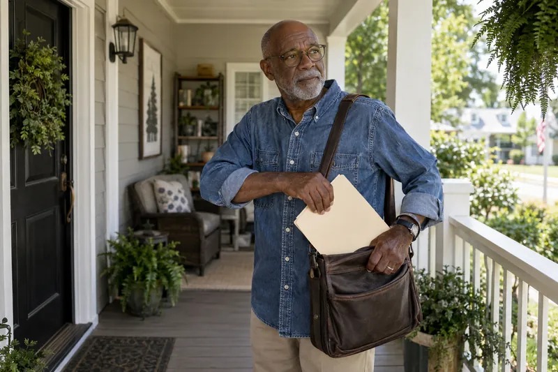 A visitor putting an unbranded document folder into a shoulder bag on a covered porch before going out