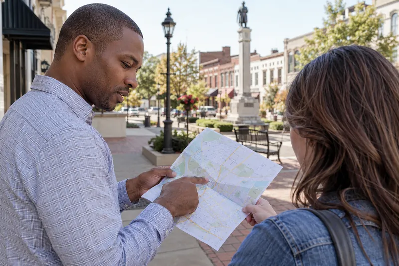 A visitor consulting a folded street map on a pedestrian square with a companion