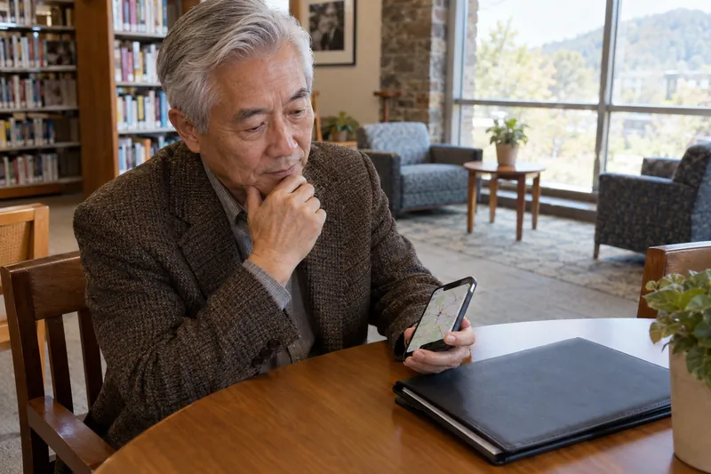 A visitor sitting at a public-library table with a phone map and a closed document folder