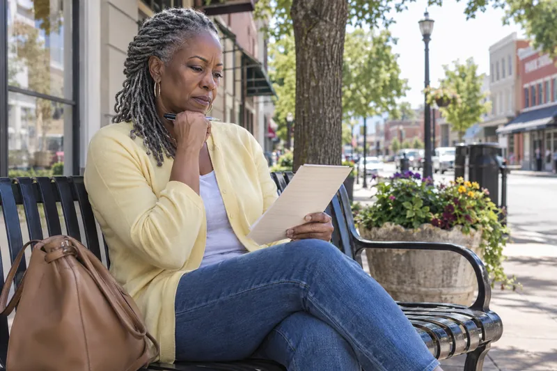 A visitor reviewing a short handwritten checklist on a park bench near a town shopping street