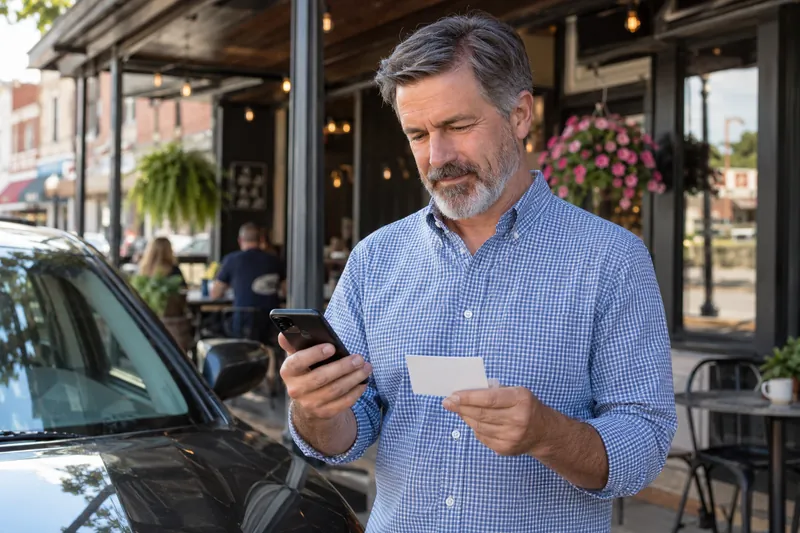 A visitor standing beside a parked car, comparing a blank appointment card with phone directions