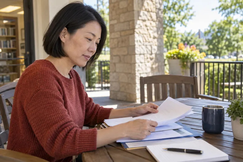 A visitor sitting on a shaded community-center veranda, organizing documents before a local visit