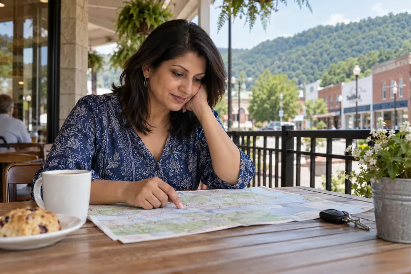 A visitor planning a trip using a town map at a kitchen table, with a car key nearby