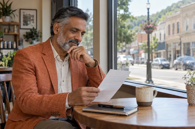A visitor reading an appointment reminder by a cafe window overlooking an ordinary main street