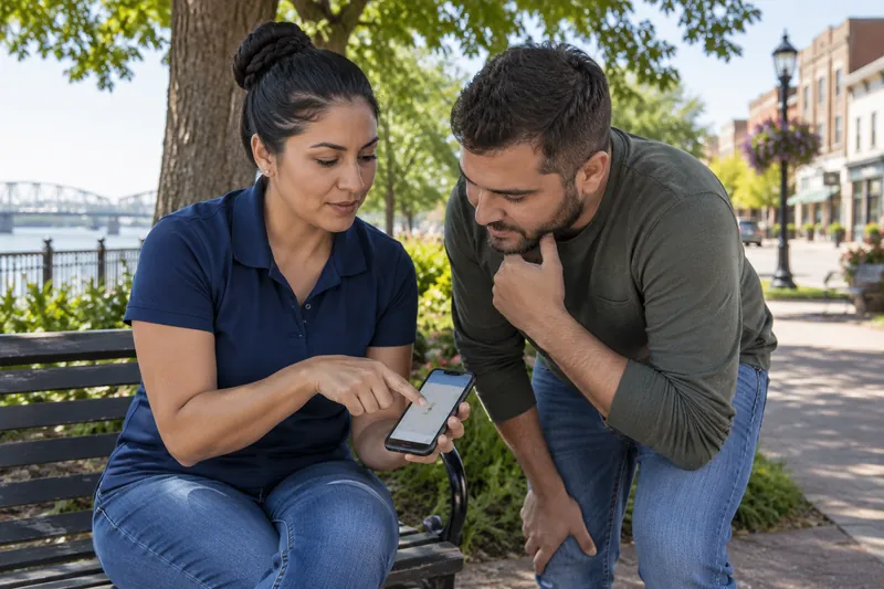 A visitor asking a companion for directions while pointing at a phone map near a public bench