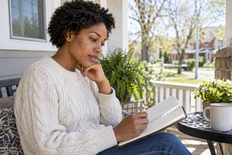 A visitor checking a local opening-hours note in a notebook on a sunny front porch