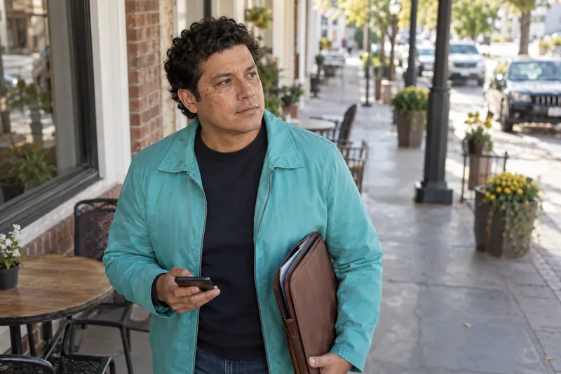A visitor taking a pause on a pedestrian walkway with a document tote and phone in hand