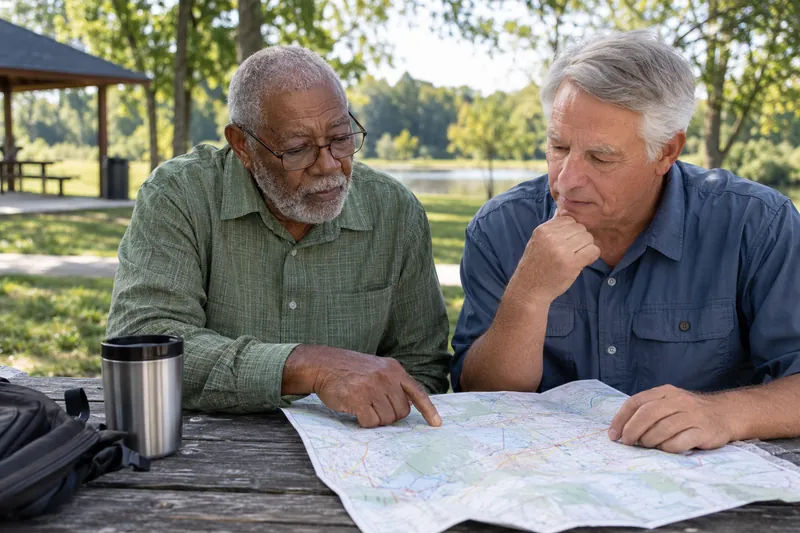 A visitor reviewing a map with a friend at a picnic table in a small public park