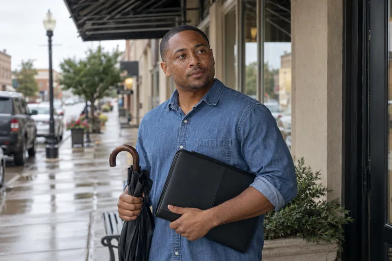 A visitor standing under a storefront awning with a closed umbrella and appointment folder