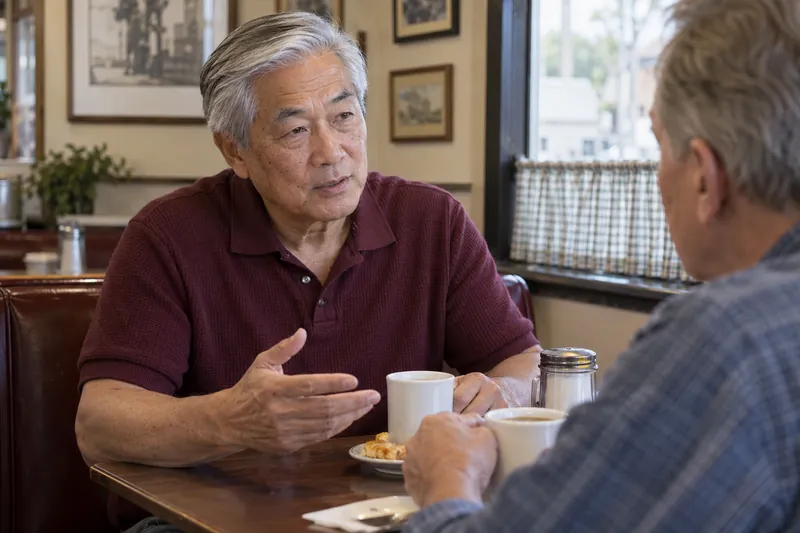A visitor discussing a local errand over coffee in a modest neighborhood diner