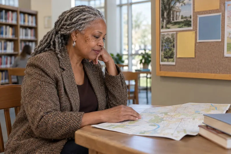 A visitor looking at a simple town map beside a library noticeboard with no readable text