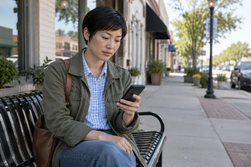 A visitor checking directions on a phone beside a small-town sidewalk bench, preparing for an appointment