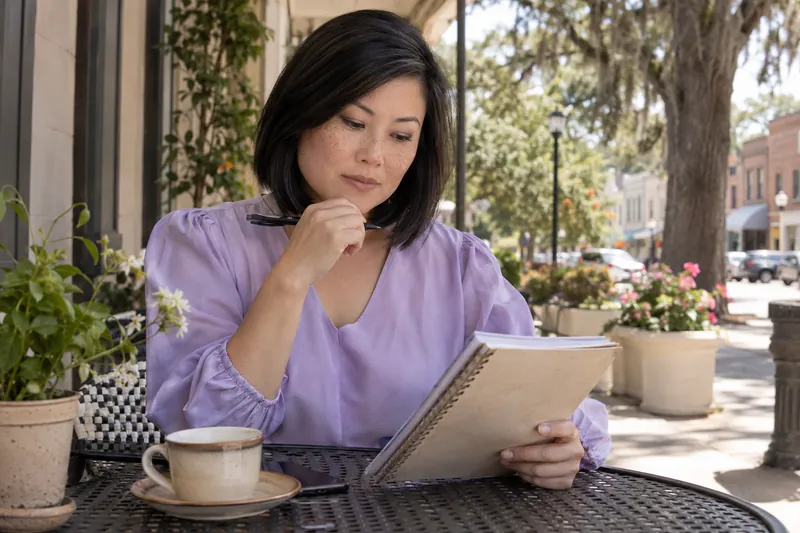 A visitor reviewing an appointment note at an outdoor cafe table before a local office visit