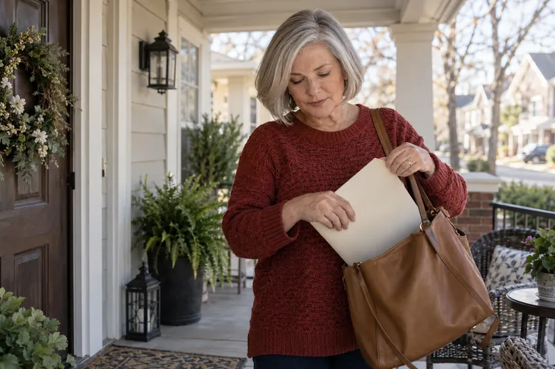 A visitor putting an unbranded document folder into a shoulder bag on a covered porch before going out