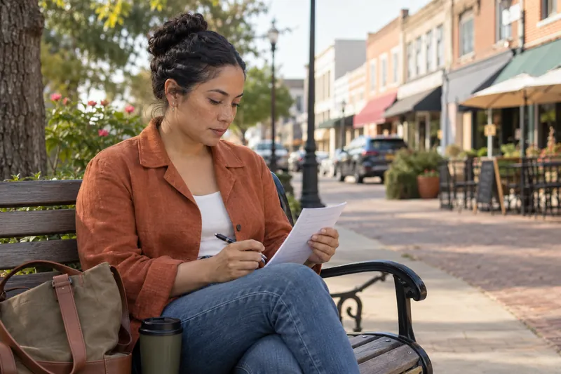 A visitor reviewing a short handwritten checklist on a park bench near a town shopping street