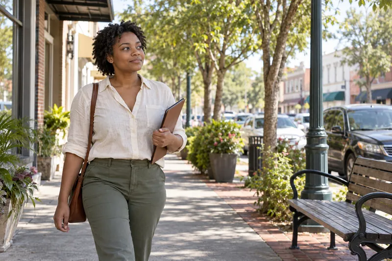 A visitor arriving on foot along a tree-lined neighborhood commercial street, carrying a slim folder