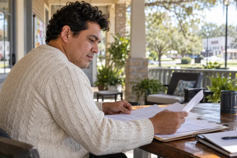 A visitor sitting on a shaded community-center veranda, organizing documents before a local visit
