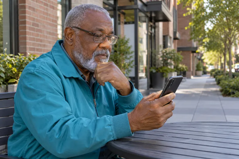 A visitor checking an address on a phone outside an unbranded mixed-use brick building