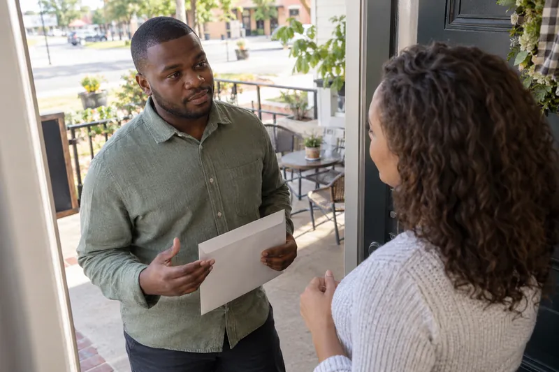 A visitor talking with a companion at a home doorway before leaving with a document envelope