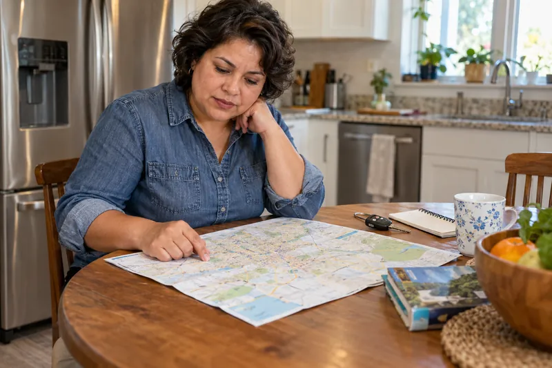 A visitor planning a trip using a town map at a kitchen table, with a car key nearby