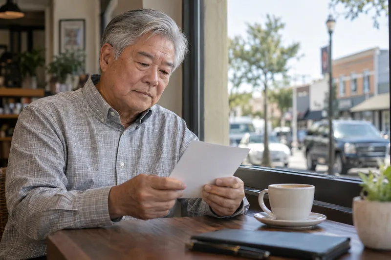 A visitor reading an appointment reminder by a cafe window overlooking an ordinary main street