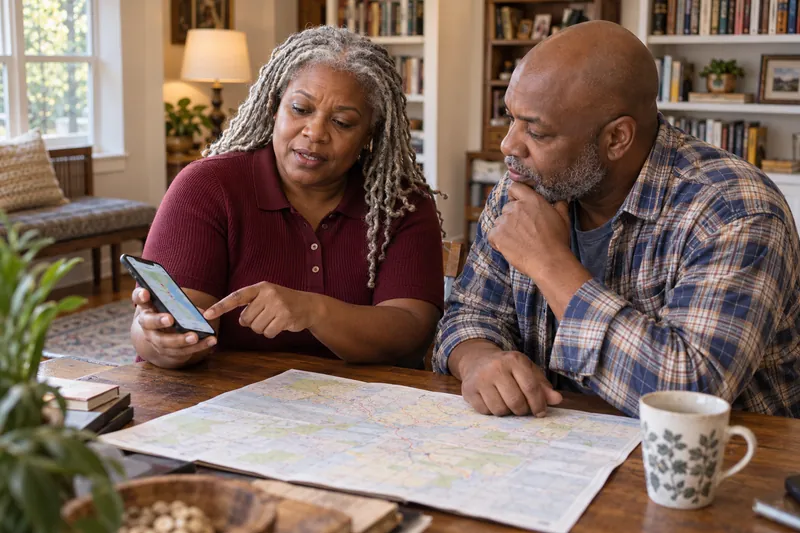 A visitor asking a companion for directions while pointing at a phone map near a public bench
