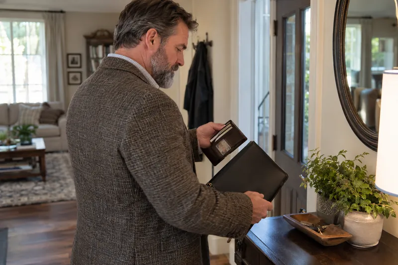 A visitor preparing an ID wallet and closed paperwork folder at a hallway console before going out