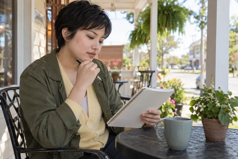 A visitor checking a local opening-hours note in a notebook on a sunny front porch