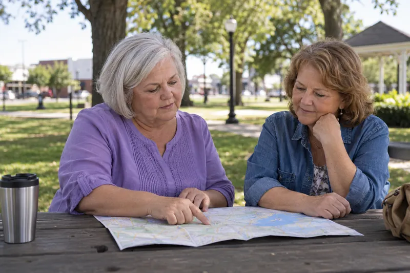 A visitor reviewing a map with a friend at a picnic table in a small public park