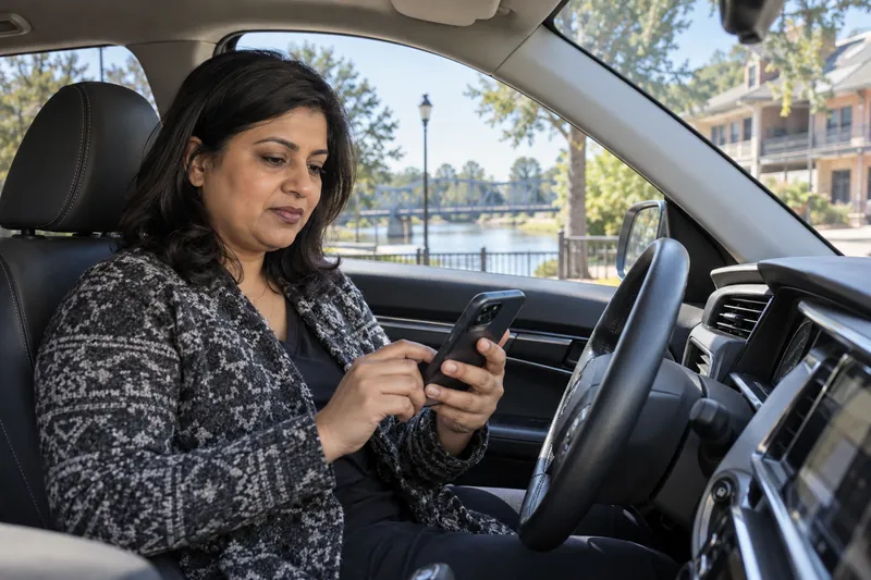 A visitor sitting in a parked car checking a phone route before setting off, car stationary