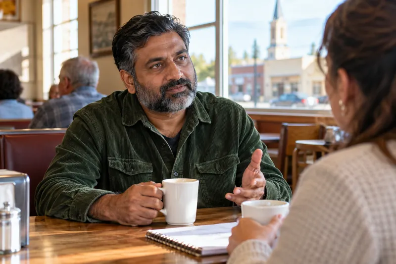 A visitor discussing a local errand over coffee in a modest neighborhood diner