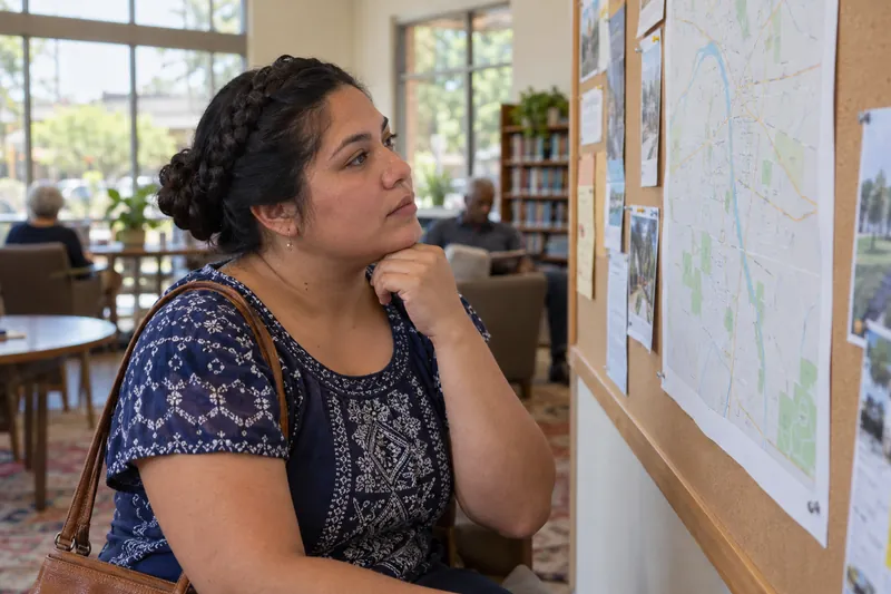 A visitor looking at a simple town map beside a library noticeboard with no readable text