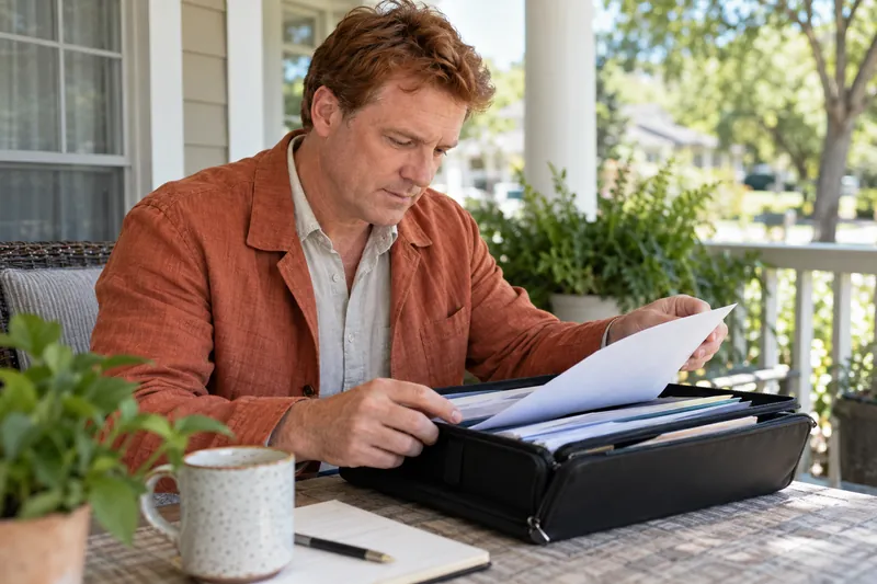 A visitor looking through a document pouch on a home porch before a planned appointment