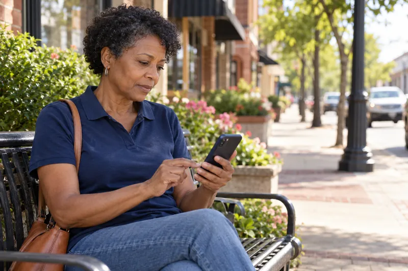 A visitor checking directions on a phone beside a small-town sidewalk bench, preparing for an appointment