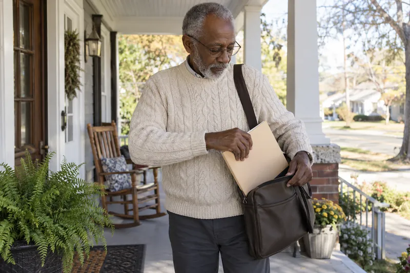 A visitor putting an unbranded document folder into a shoulder bag on a covered porch before going out