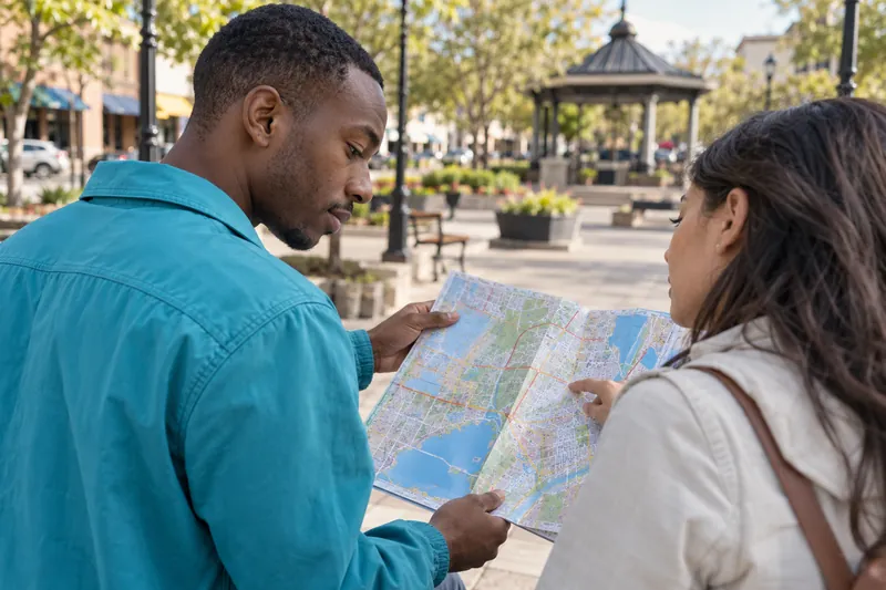 A visitor consulting a folded street map on a pedestrian square with a companion