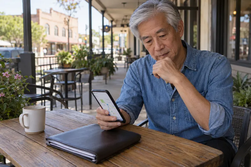 A visitor sitting at a public-library table with a phone map and a closed document folder