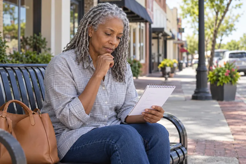A visitor reviewing a short handwritten checklist on a park bench near a town shopping street