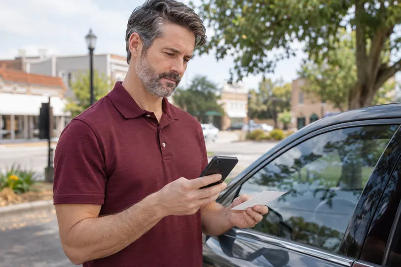 A visitor standing beside a parked car, comparing a blank appointment card with phone directions