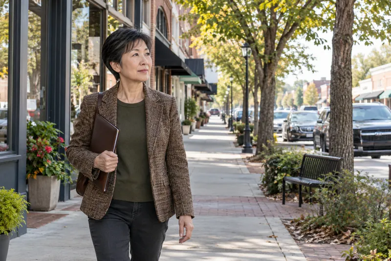 A visitor arriving on foot along a tree-lined neighborhood commercial street, carrying a slim folder