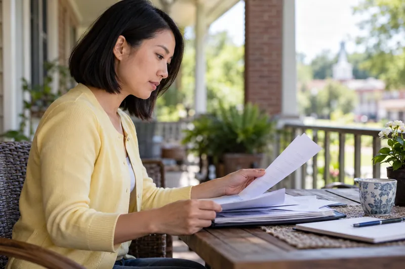 A visitor sitting on a shaded community-center veranda, organizing documents before a local visit